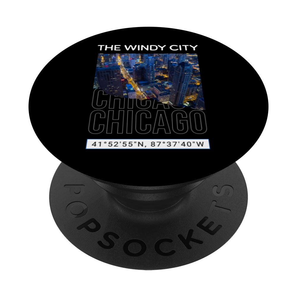 Chicago Night Sky View Chi-Town Windy City GPS Coordinates PopSockets Swappable PopGrip, Black
