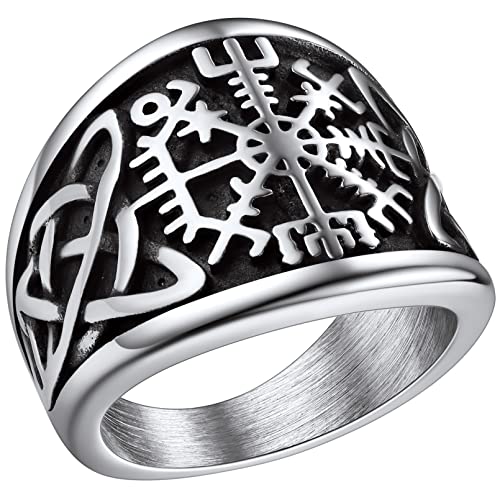 FaithHeart Viking Vegvisir Pirate Compass Rings, Stainless Steel/18K Gold Plated Norse Symbol Vintage Jewelry Personalized Custom Compass & Knot-Silver 9