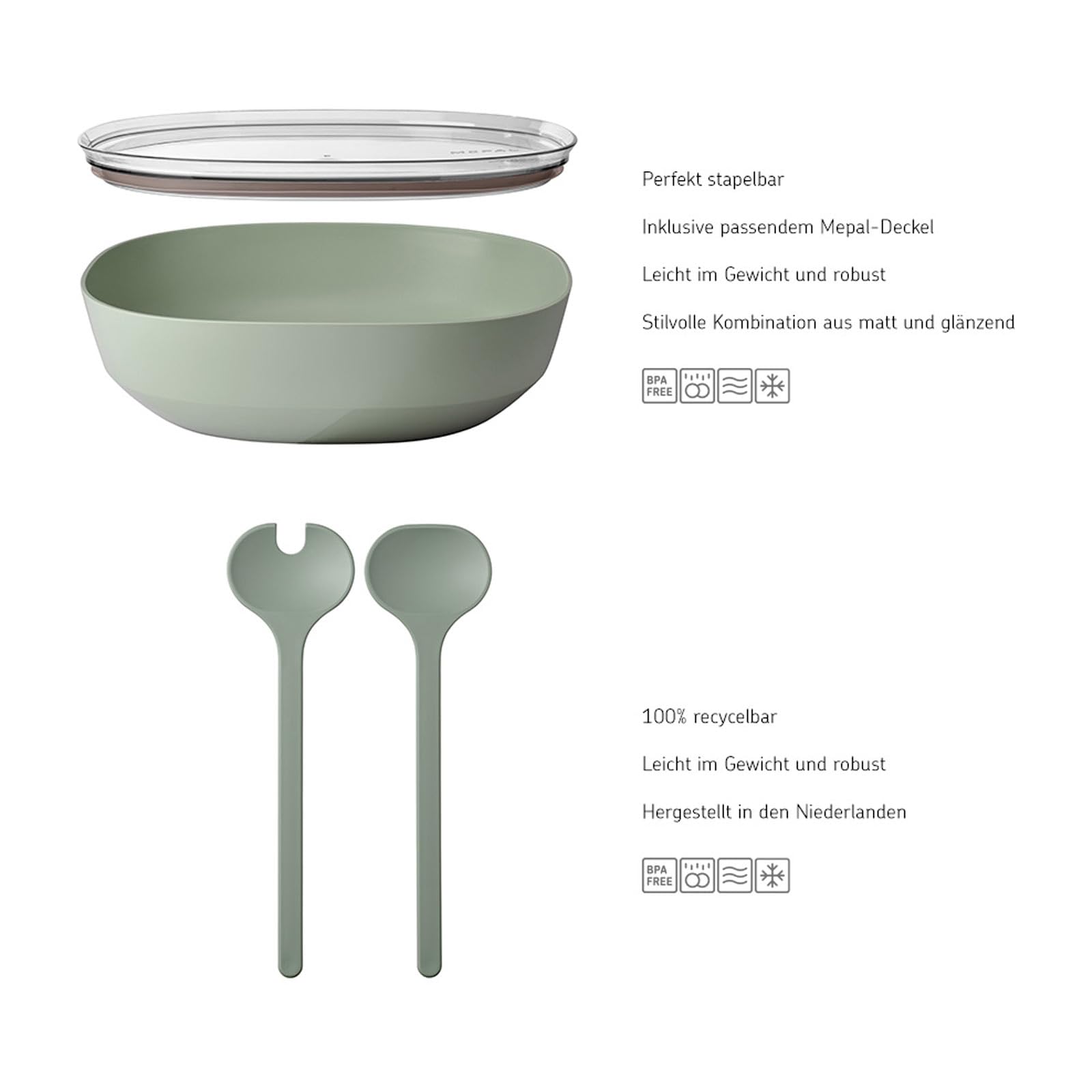 Mepal Service à salade Silueta - Bol de service avec couvercle (4000 ml) avec couverts à salade (28,5 cm) - Vaisselle de service d'extérieur - Passe au lave-vaisselle et au micro-ondes - Plastique