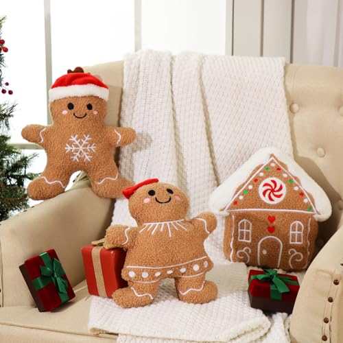 Image of Konohan 3 Pcs Christmas Gingerbread Pillows House Man Throw Pillows Stuffed Gingerbread Shaped Pillow for Christmas Party Outdoor Cushion Decorations(Dark Yellow,Lovely Style)