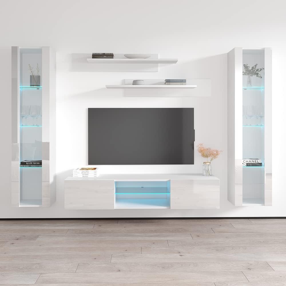 Meble Furniture Fly AB2 33TV Stand Wall-Mounted Entertainment Center — Floating Modern TV Console with Storage Shelves and LED Lights, 65.4 x 15.7 x 18.1 in — White