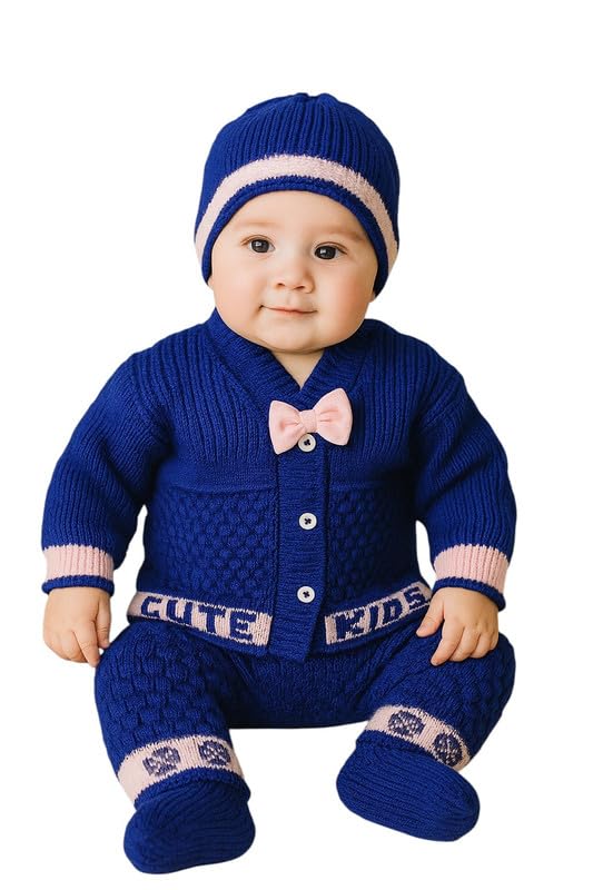 Image of Baby Unisex New Born Baby Boys Girls Soft Comfortable Trendy Woolen Round Neck Stripe Sweater Set with Payjami, Cap and Pair of Booties for Toddlers