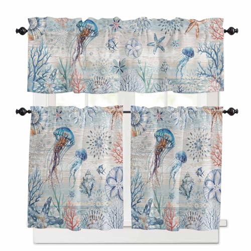 Coastal Jellyfish Kitchen Curtains 24 Inch Length,3 Piece Rod Pocket Small Half Tiers and Valance Set,Blue Nautical Marine Life Conch Coral Small Large Window Treatment Decor for Bedroom/Bathroom