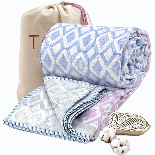 Image of TOAIArt Premium Jaipuri Dohar | AC Blanket Summer Quilt | Hand Block Printed | 3 Layers | Reversible| 150GSM 100% Mulmul Cotton| 100% Cotton Flannel Filling| Queen 90 inch X 108 inch|Vintage Geometric Pattern