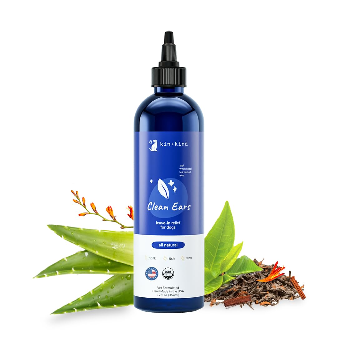 kin+kindOrganic Ear Cleaner for Dogs - Made in The USA - Easy to Use & Mess-Free Dog Ear Drops for Wax, Odor, & Itchy Dog Ears w/Witch Hazel, Tea Tree Oil, & Aloe Vera - Ear Wash for Dogs (12 fl oz)USDA Organic