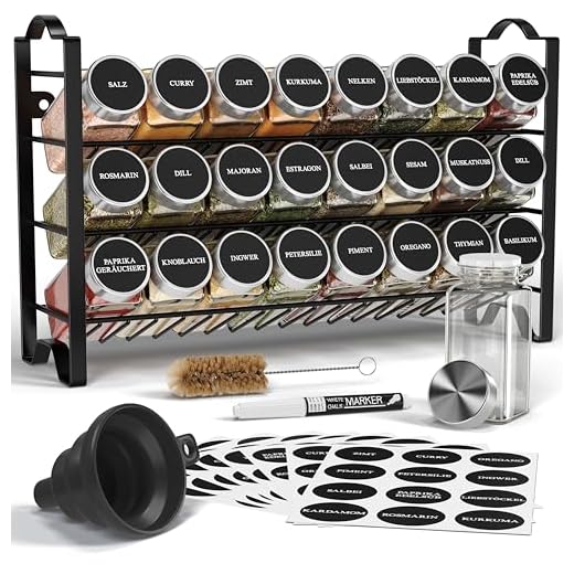 Deco haus® Kruidenrek Met Kruidenpotjes, 3-Laags Metalen Kruiden Organizer, Keuken Sorteerset Met 24 Kruidenpotjes, 48 Etiketten, Borstel, Trechter, Haken, Vrijstaand of Aan de Muur te Maken, Zwart