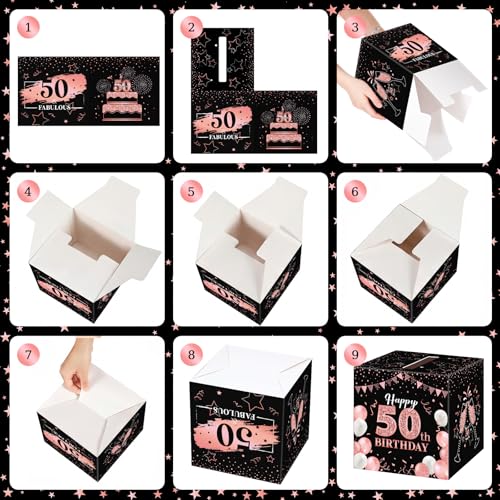 Image of Funrous 50th Birthday Party Message Card Box Cheers to 50 Years Black Rose Gold Advice and Wishes Greeting Card Box for Men Women Birthday Decorations Party Supplies Anniversary Tables Sign Decor