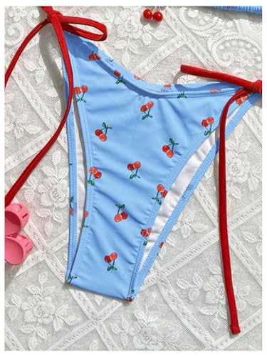 Trajes cordón lateral estilo bikini triangular rosa con estampado de cerezas 7