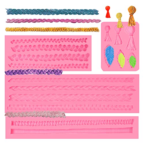 Hemp Rope Tassel Fondant Silicone Molds 4 Pcs, Knitting Cake Decoration Molds for Christmas Wedding Theme Party Cupcake Topper Candy Chocolate Gum Paste Sugar Craft Polymer Clay