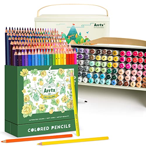 Arrtx Colored Pencils Set of 126 + 90 Colors Alcohol Markers for Christmas Gift