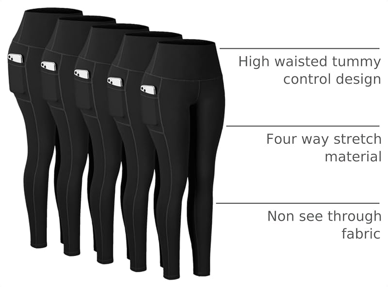 CHRLEISURE Leggings with Pockets for Women, High Waisted Tummy Control Workout Yoga Pants(5 Packs Black, L) image 4