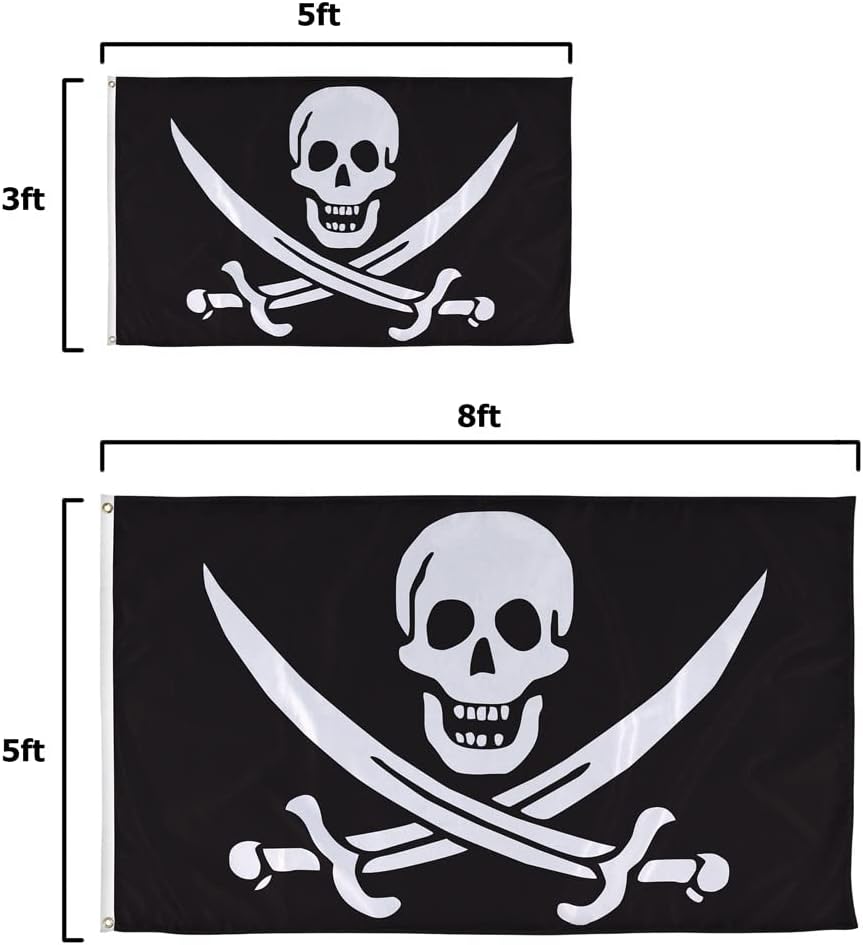 Vispronet 5ft x 8ft Calico Jack Pirate Flag, Jolly Roger Banner, Weather-Resistant Polyester, Metal Grommets, Pirate Party Ideas, Skull Outdoor Decor, Printed in USA, Flag Only