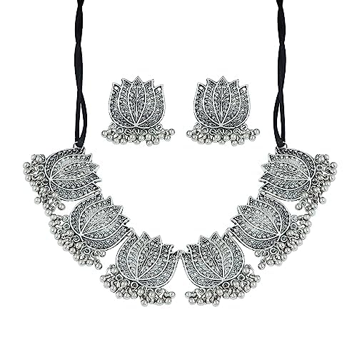Gemocracy Oxidised Silver Black Metal Lotus Design Choker Necklace Set For Women Girl (B0C7WCVC8R) Amazon Price History, Amazon Price Tracker