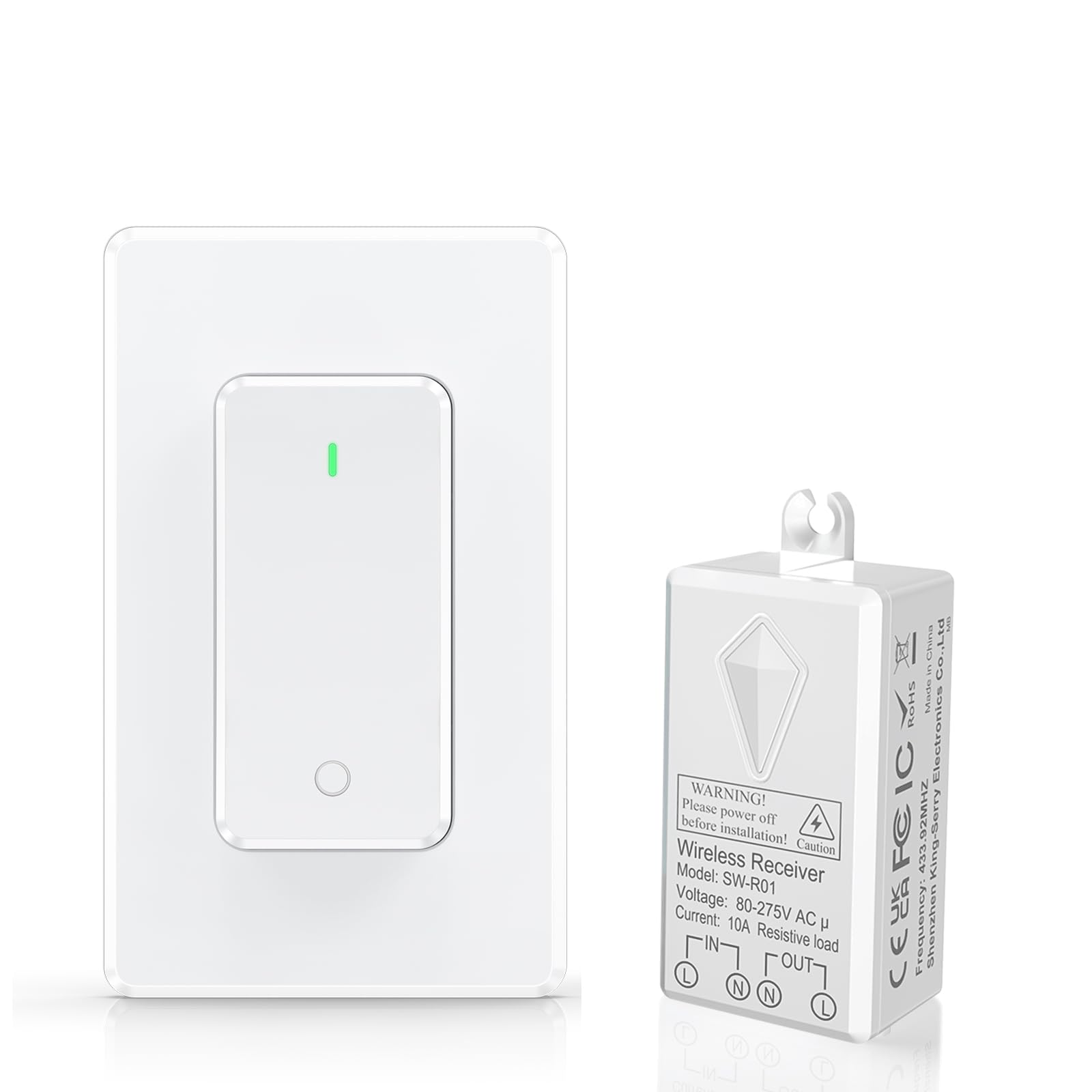 Thinkbee Wireless Light Switch and Receiver Kit, No Wiring No WiFi, Remote Control Wall Switch for LED Lights, Lamps, Ceiling Fixture, 80-275V Wide Input, 300ft RF Range, 10-Year Battery Life