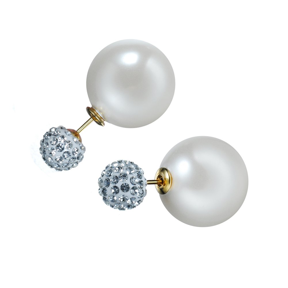 KIVN Fashion Jewelry Crystal Ball Stud Double Sided Pearl Earrings for Women