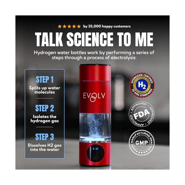 EVOLV Hydrogen Water Bottle Generator – SPE & PEM Water Ionizer 5.4PPM, Highest H2 Concentration – Portable 8oz Hydrogenated Water Bottle – Leak-Proof Hydrogen Water Machine, Easy to Use – Crimson - Image 4