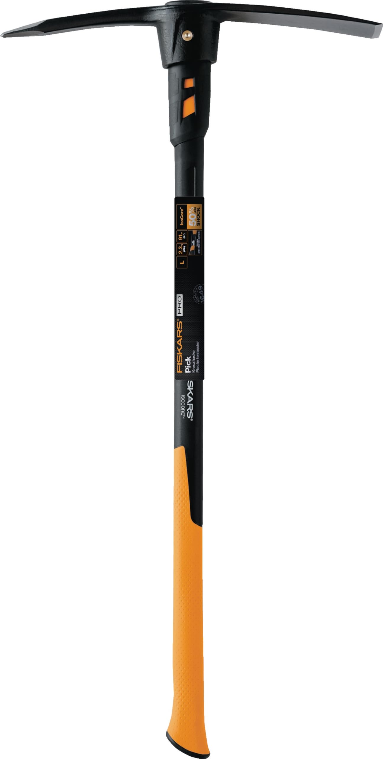 Fiskars Pico de excavación IsoCore L, Para Suelos Rocosos, 91 cm, 3,4 kg, Negro/Naranja, 1020166