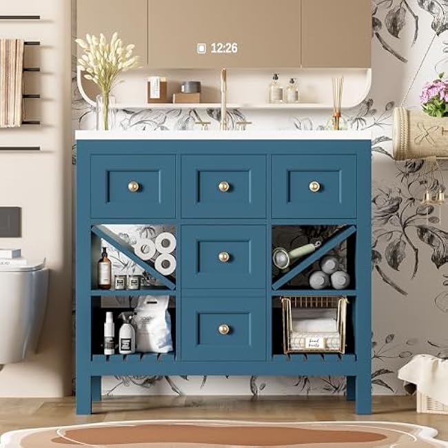 Bathroom Vanity Set, 36 Bathroom Vanity with Resin Sink Combo, Solid Wood Frame Bathroom Storage Cabinet with 5 Drawers & Soft Closing Doors, MDF Boards, Gold Metal Knobs