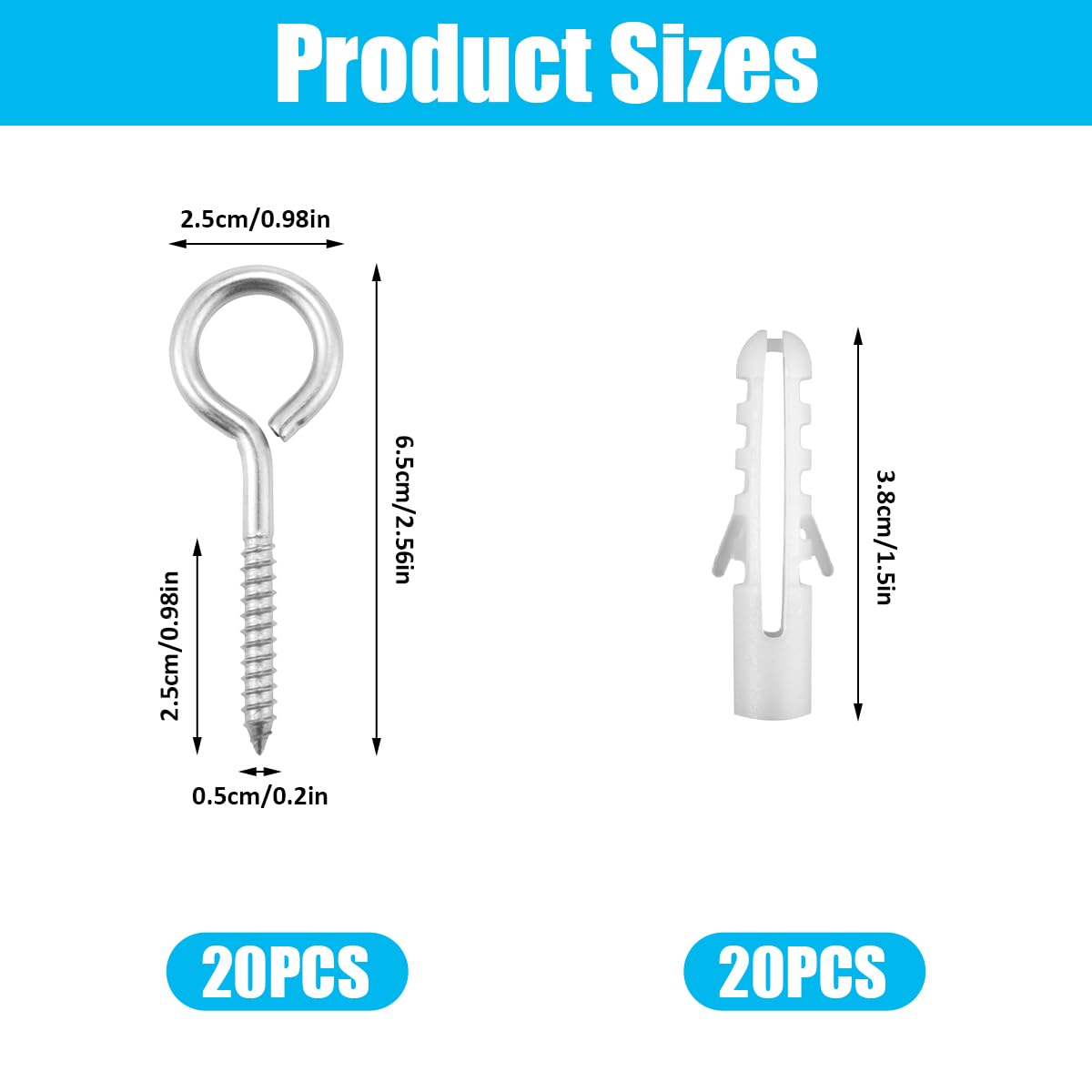 20 sztuk śrub oczkowych M5 x 65 mm, Heavy Duty 304 | oczka śrubowe ze stali nierdzewnej z 20 kołkami, wytrzymałe śruby oczkowe, srebrne śruby oczkowe, śruby oczkowe do hamaków