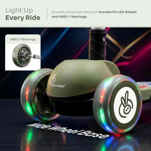 Image of R for Rabbit Road Runner Swift Scooter for Kids with Lights, 3-Level Adjustable Height, PU LED Wheels for 3+ Years Baby Boys & Girls, Up to 75 KG Weight (Military Green)