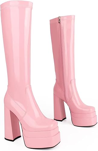 Miniatura 5 de wetkiss Botas de plataforma hasta la rodilla con tacón grueso para mujer, botas negras de tacón alto para mujer, bota gogó con cremallera lateral