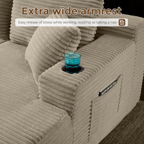 Image of 133 inch Oversized Cloud Boneless Sofa Couch with Chaise, Modern Corduroy U Shaped Modular Sectional Sofa with Deep Seat, Comfy Couch with Cupholders and Storage, No Assembly Required-Camel