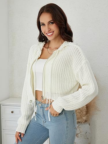 Image of WDIRARA Women's Rib Knitted Zip Up Cardigan Sweater Ripped Hem Drop Shoulder Long Sleeve Zipper Tops White S