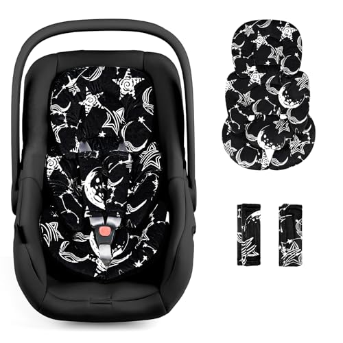 Image of GFU Infant Car Seat Insert Head and Body Support, Reversible Newborn Insert for Carseat with Strap Pads, Soft Stroller Cushion Pillow Insert for Boys and Girls, Fits for Stroller, Swing, Black Star