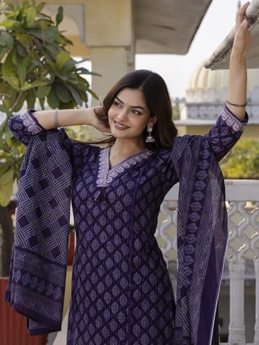 Image of PARTHVI|Women's Pure Cotton Printed with Handwork Kurta with Pants and Dupatta Set | Ethnic Set | Suit Set | Kurta Set | Wedding Suit Set