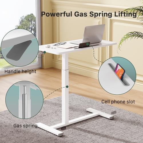 Mobile Standing Desk, Pneumatic Adjustable Rolling Desk(31.5 Inches), Portable Laptop Desk with Wheels, Overbed Bedside Table Laptop Table for Couch, Home, Office, White