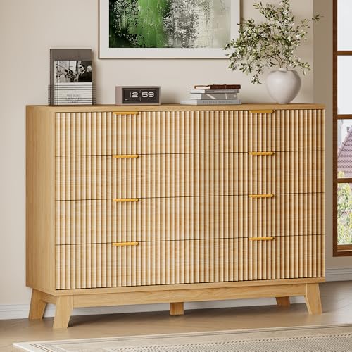 Image of BORNOON 53 inch Wide Dresser for Bedroom, 8-Drawer Fluted Chest of Drawers, Modern Wood Highboy with Metal Slides and Handles, Anti-Tip Kit, Vertical Clothes Storage Organizer for Apartment, Closet