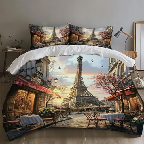 Housse de couette 220x240 anti-plis en microfibre imprimée scène romantique Paris - 3