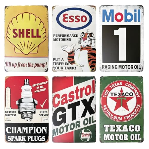 WIYETY 6 placas de metal retro para garajes: 20 x 30 cm, cartel de metal para motocicleta, cartel de hierro, cartel de metal para aceite de motor, decoración vintage de taller, gasolina, para taller