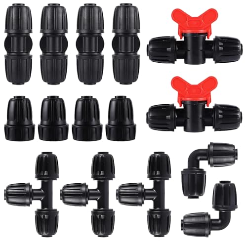 15 Pcs Drip Irrigation Fittings Kit for 1/2 in Tubing, Drip Line Parts for Sprinkler System - 3 Tees, 4 Couplings, 2 Elbows, 4 End Closure Plugs, 2 Switch Valves