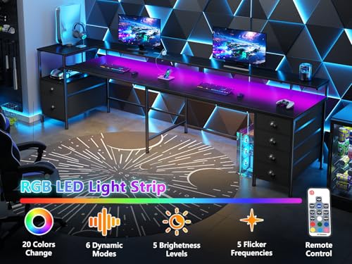 Image of Furologee 95 inch Two Person Computer Gaming Desk, Long 2 Person Home Office Desk with 6 Drawers & Storage Shelves, Double Table with Power Outlets, LED Lights and Full Monitor Shelf, Black