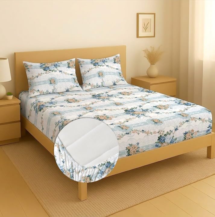 Image of la' amour Premium Cotton Elastic Fitted Bedsheets with 2 King Size Pillow Covers Double Bed with All Around Elastic Supersoft Size - 72 King Sizex78+10 inches White Teal Abstract 200 tc - 220 tc