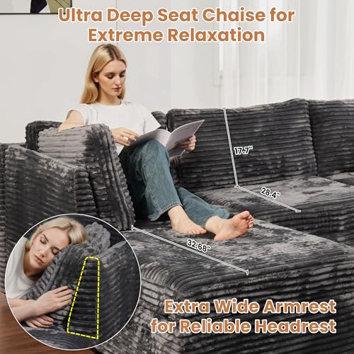 Image of ovios Modular Sectional Sofa Couch with L-Shape Chaise Ottoman, Comfy Plush Corduroy Cloud Couches, Modern Luxury Deep Seat Sofas Set for Living Room, 6-Seater, Grey
