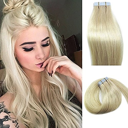 Myfashionhair Tape In Human Hair Extensions 18inches platinum blonde 20pcs 40g Set Silky Straight Skin Weft real human remy hair pieces(18 inches, #60)