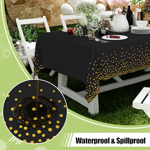 Image of Smiry Disposable Table Cloth - 6 Pack, 54 x 132 Inch Waterproof Rectangle Tablecloths for Parties, Decorative Plastic Table Cover, Leakproof & Sturdy, Black & Gold