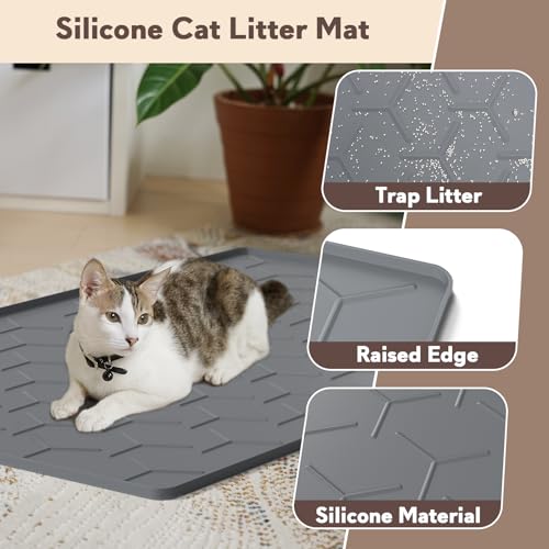 Image of Garoopion Cat Litter Mat, Large 40 inch X 28 inch Litter Catcher Rug, Waterproof Silicone Mat for Cats, Dark Gray
