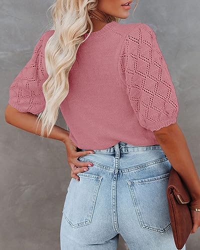 Image of Womens Short Sleeve Sweaters Crewneck Knit Pullover Tops 2025 Summer Casual Lightweight Crochet Blouse Shirt