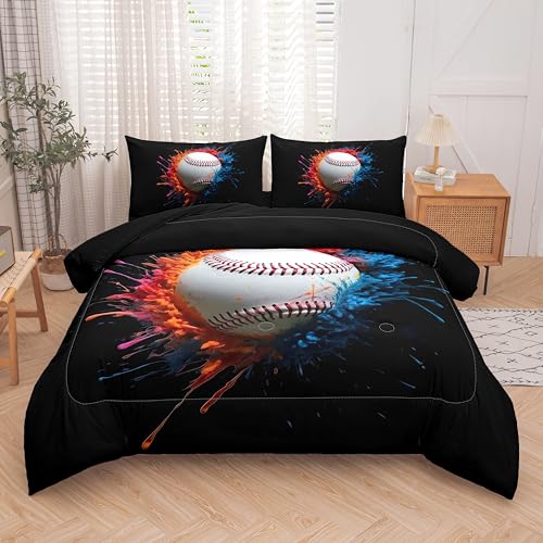 Helloosun 5PCS Baseball Comforter Set Twin,Boys Twin Comforter Set,Sports Baseball Bedding Set with Sheets,Red and Blue Color Bed Set