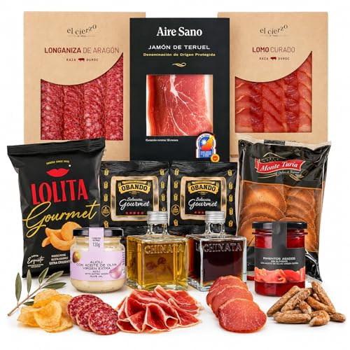 MARIA GOURMET - Präsentkorb Tapas-Abend Feinkost Geschenkset Geschenkkorb - Spanisch Spezialitäten - Delikatessen Geschenkset - Natives Olivenöl Extra Schinken und Würstchen -Box 2