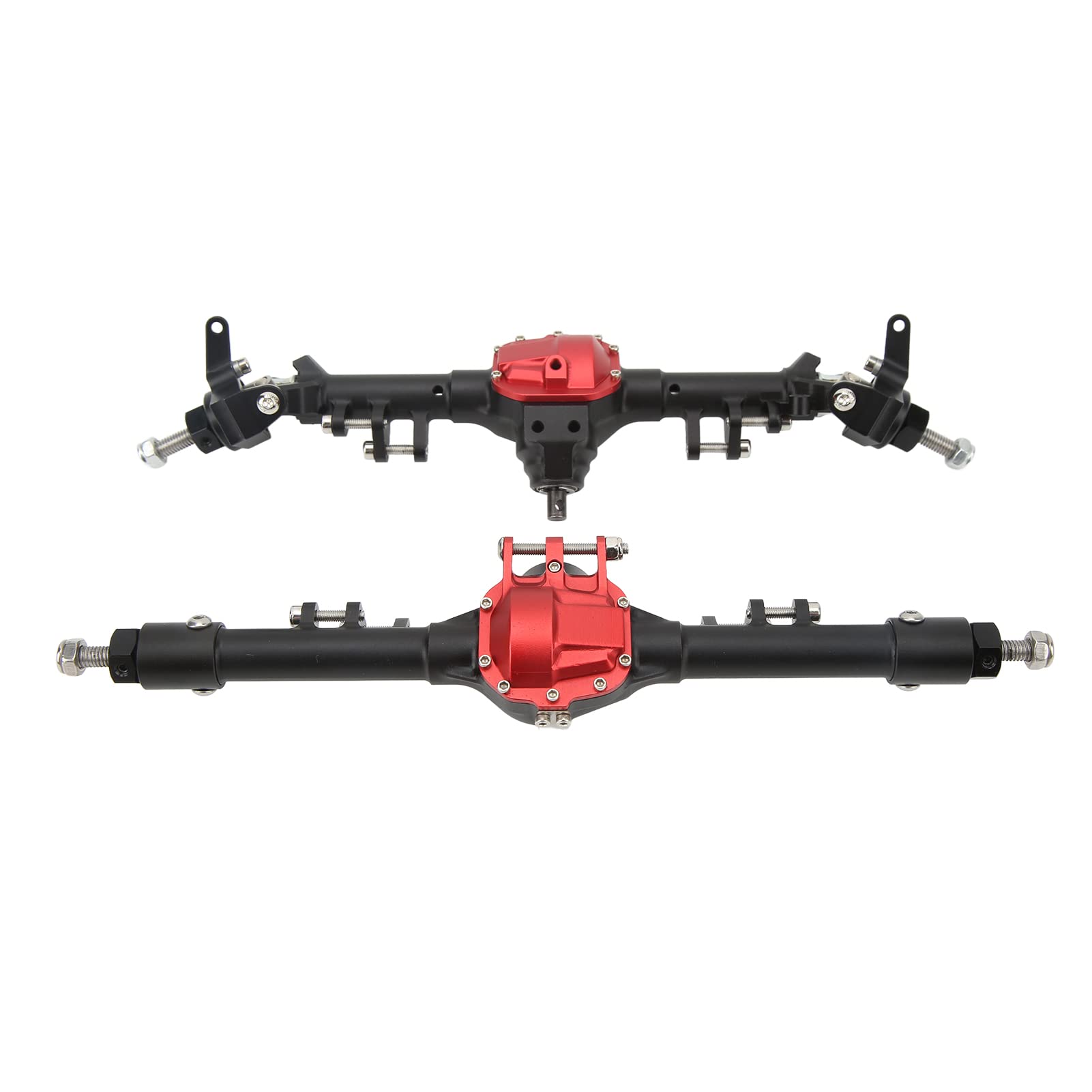 Metalowy zestaw osi przedniej i tylnej RC duży zintegrowany układ kierowniczy oś samochodu RC dla Axial SCX10 II 90046 90047 D90 D1101/10 zdalnie sterowany samochód gąsienicowy (Czarny Czerwony)