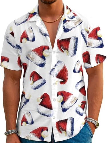 DFZ Christmas Hawaiian Shirts for Men Santa Hat Button Down Tropical Short Sleeve Red Shirt Christmas Luau Party