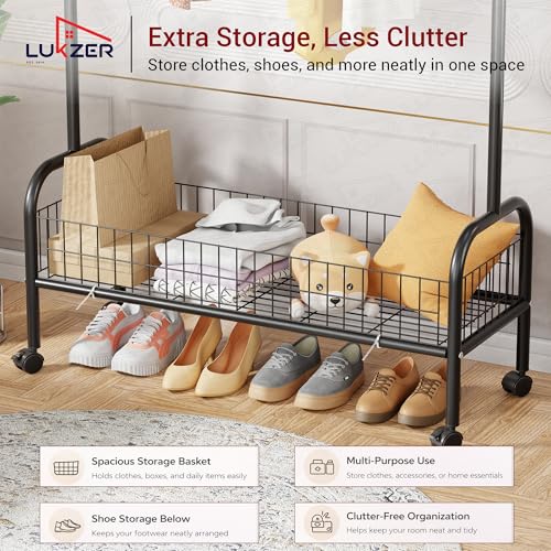 Image of Lukzer | MGR-001 | Black | Heavy-Duty Portable Metal Clothes Rack with Wheels & Bottom Shelf - Single Rod Garment Organizer Stand for Bedroom, Laundry, Hallway, Office & Dorm | 173 x 90 x 35 cm