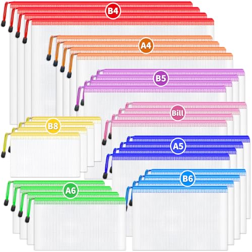 Smarpau 32PCS Plastic Zip Wallets 8 Sizes Mesh Zipper Bags Plastic Folders Waterproof Zip Lock Storage Bags Document Wallets for School Office Home and Travel (8 Colors)