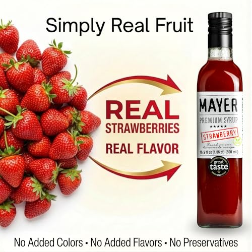 Image of Mayer Strawberry Syrup for Drinks and Cocktails, Made with Real Fruit | No artificials. For strawberry coffee, lattes, matcha, lemonade, cocktails, dessert.