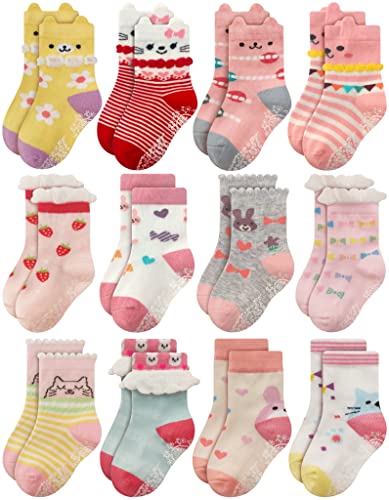 Image of RATIVE Non Skid Anti Slip Cotton Dress Crew Socks With Grips For Baby Infant Toddler Kids Girls