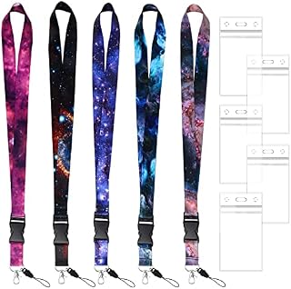 5Pcs Galaxy Lanyards Chain Lanyards with Card Holder Lanyards for Neck Badge Lanyards with Mental Clip and 5Pcs Waterproof Plastic Badge Holder for Key Card Wallet (21*1 inch)